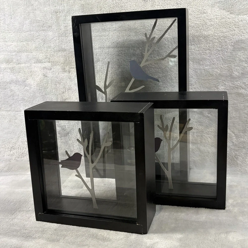Bird Silhouette Shadow Box Decor Set of 3 Black Frame Glass‎ Branch Modern